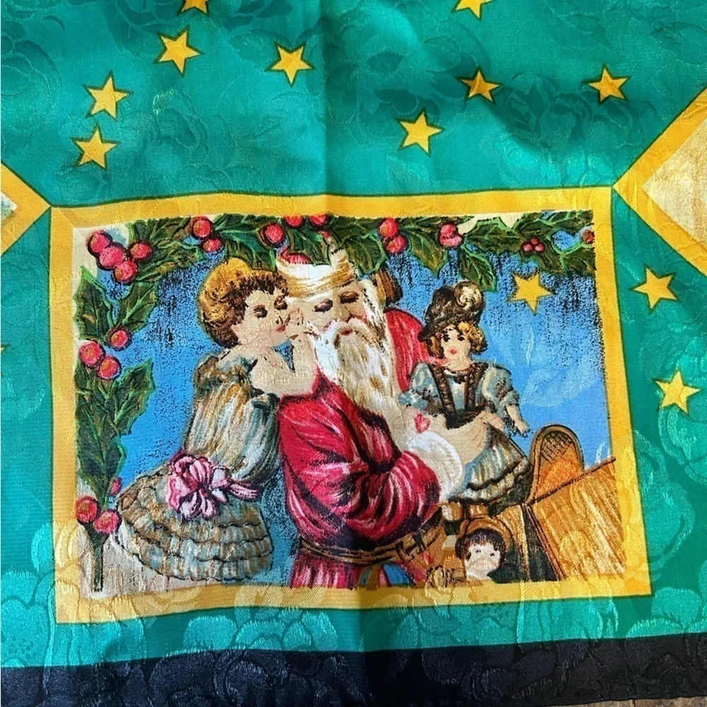 Vintage Old World Santa Christmas Scarf Holidays Bold Colors EUC
